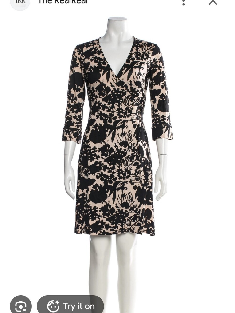 Diane Von Furstenberg Black and Beige Floral Wrap Dress, Size 8